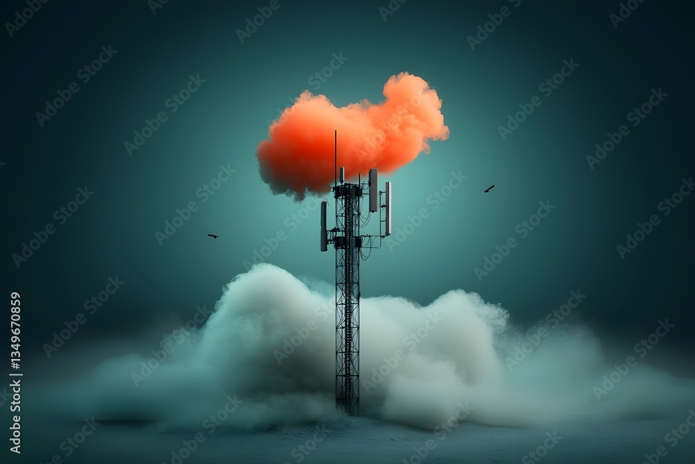 Poster futuristic high tech antenna array transmitting data across a surreal neon tinged skyscape intricate