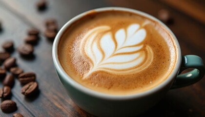Close-up cappuccino with latte art on wooden table. Coffee beans around cup. Morning beverage. Hot drink, cafe, breakfast, fresh aroma. Espresso drink, caffeine, coffee break concept.