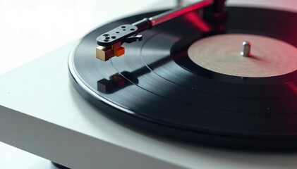 Single turntable on white background, needles down , black, analog, equipment