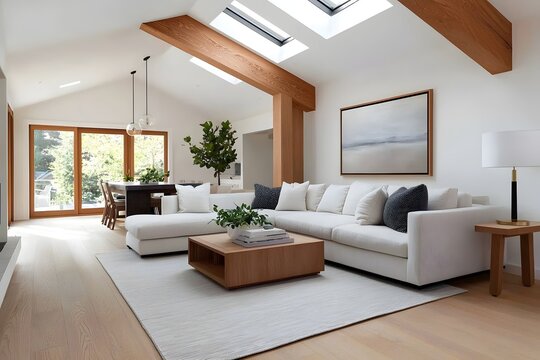 Spacious and inviting living room with a modern minimalist design featuring a comfortable couch wooden coffee table and natural lighting from the and skylights