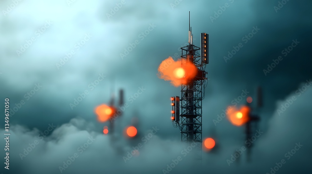 Poster futuristic industrial landscape featuring an antenna farm with towering metallic structures and intr