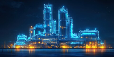 Fototapeta premium Industrial facility illuminated at night with glowing machinery and smoke rising in the air near a body of water