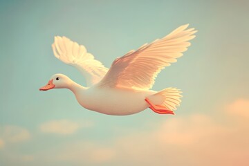White duck soaring, sunset sky, peaceful flight, nature imagery, website banner