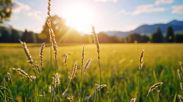 Serene sunrise over a golden field with tall grass swaying gently