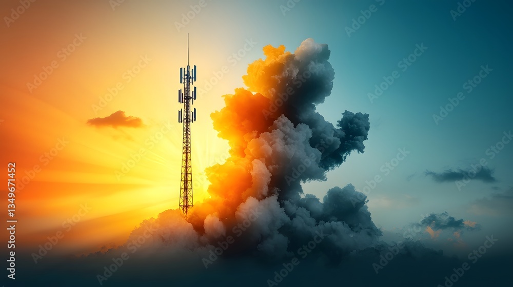 Poster futuristic metallic antenna tower with sleek design and intricate network of wires and panels transm