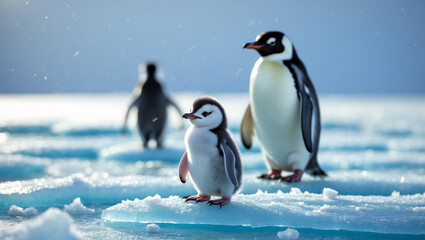Obraz premium A tiny penguin chick bravely stands on an ice floe, watched over by its parent amidst a breathtaking Antarctic landscape, bathed in soft sunlight and sparkling snow.