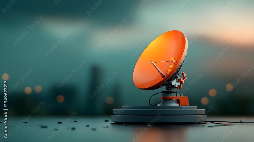 Poster futuristic satellite dish and transmission tower exchanging digital data in an ethereal cyberpunk in