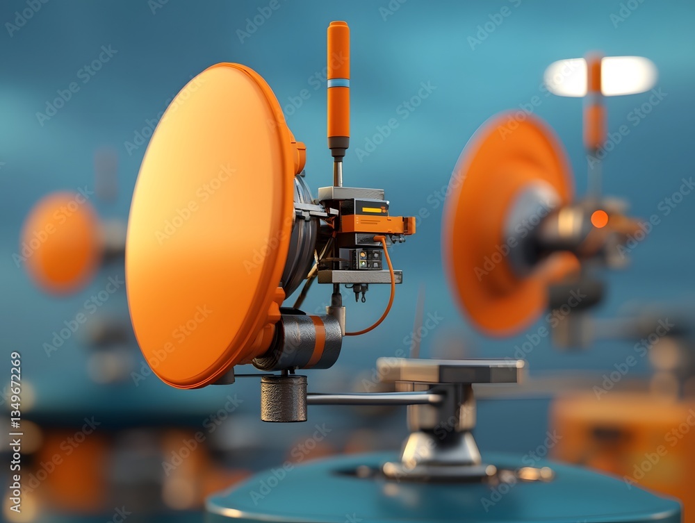 Poster futuristic satellite dishes and antennae relaying digital data featuring a streamlined metal constru