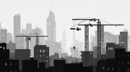 Cityscape construction cranes misty morning. Possible stock photo use Illustration of urban construction