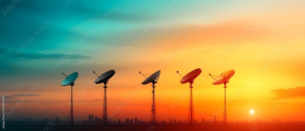 Poster gleaming array of satellite dishes and cellular towers transmitting waves of data across a vibrantly