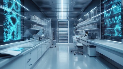 Obraz premium Futuristic research facility with digital displays test tubes and laboratory equipment creates an atmosphere of scientific discovery and innovation