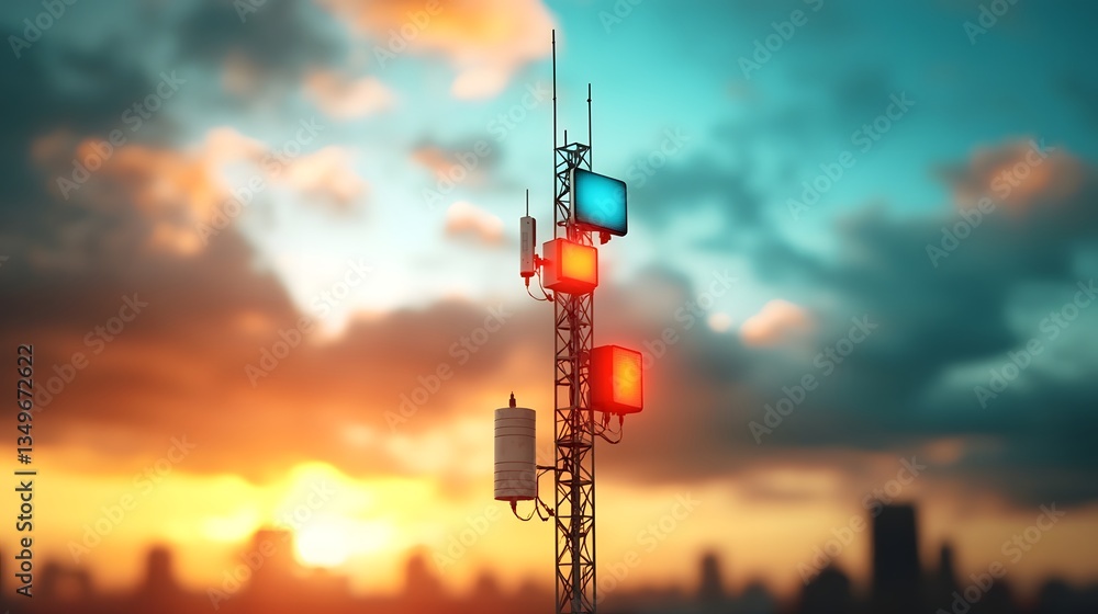Poster glowing antenna transmitting and receiving radio signals at different frequencies casting a vibrant 