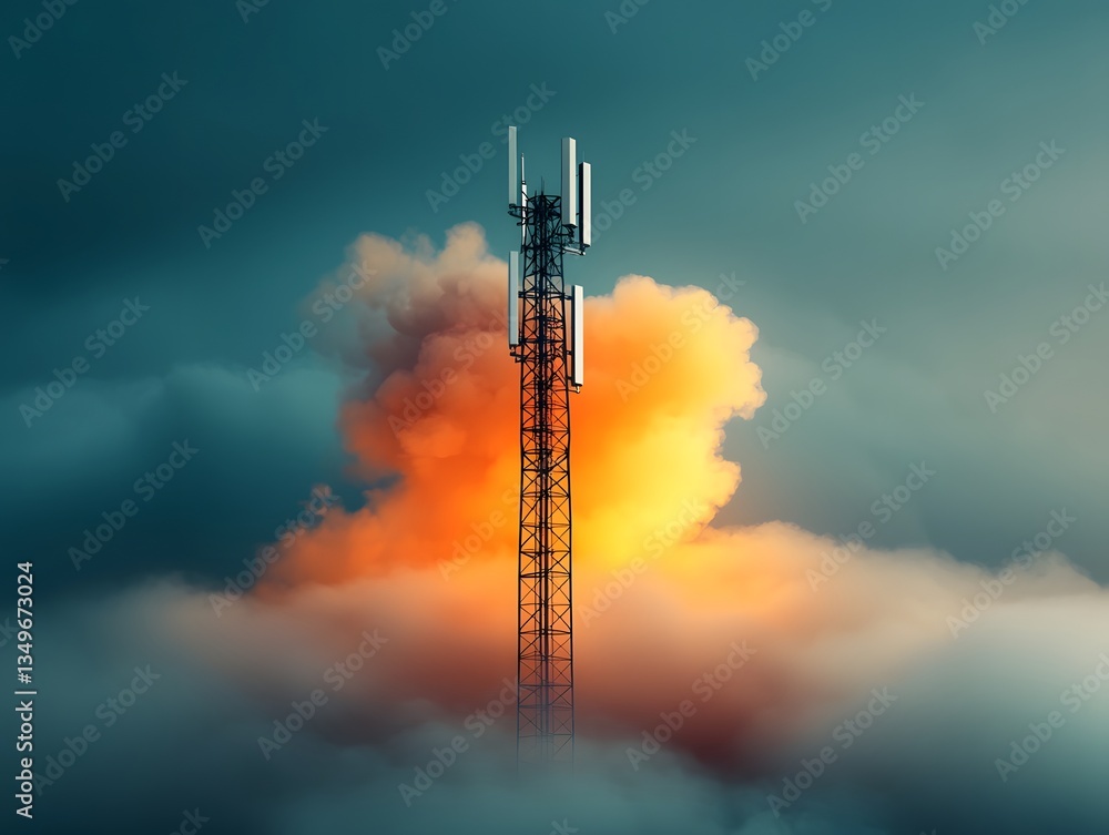 Poster imposing cellular tower structure with an array of antenna elements silhouetted against a vibrant ne