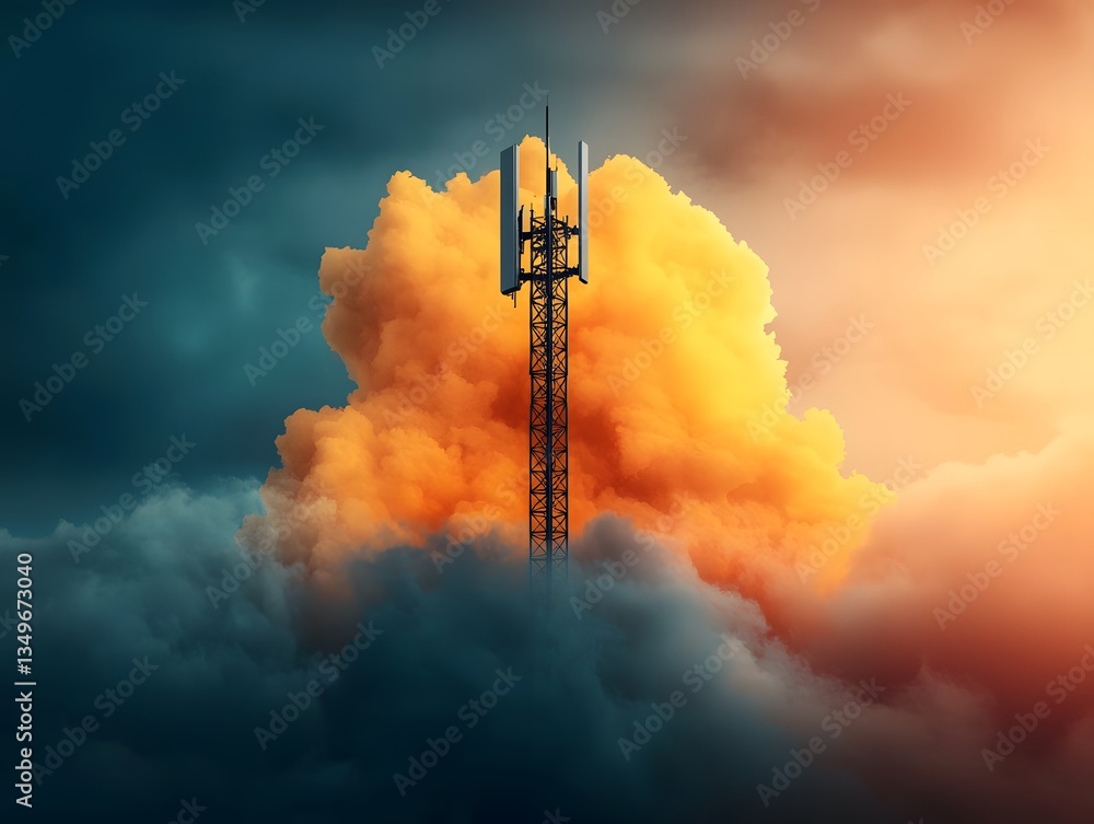 Poster imposing cellular tower structure with an array of antenna elements silhouetted against a vibrant ne