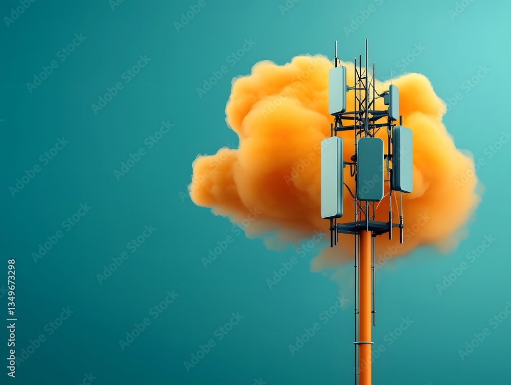 Poster imposing telecommunication tower with a complex network of antennas and transmitters capturing and t