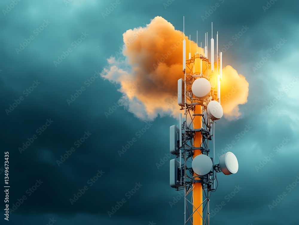 Poster imposing telecommunication tower with complex network of antennas and transmitters capturing and tra