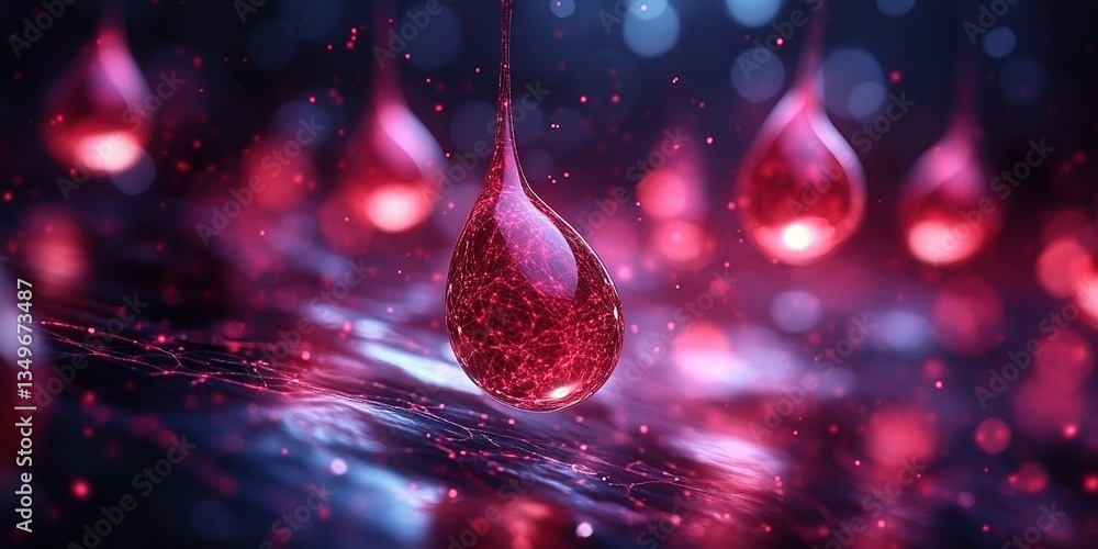 Poster intricate red droplets fall against a shimmering background in an artistic display of colors and lig