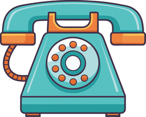 Retro Teal Rotary Phone with Dial Illustration, An illustration of a retro teal rotary telephone with an orange dial and curly cord, symbolizing nostalgic communication.

