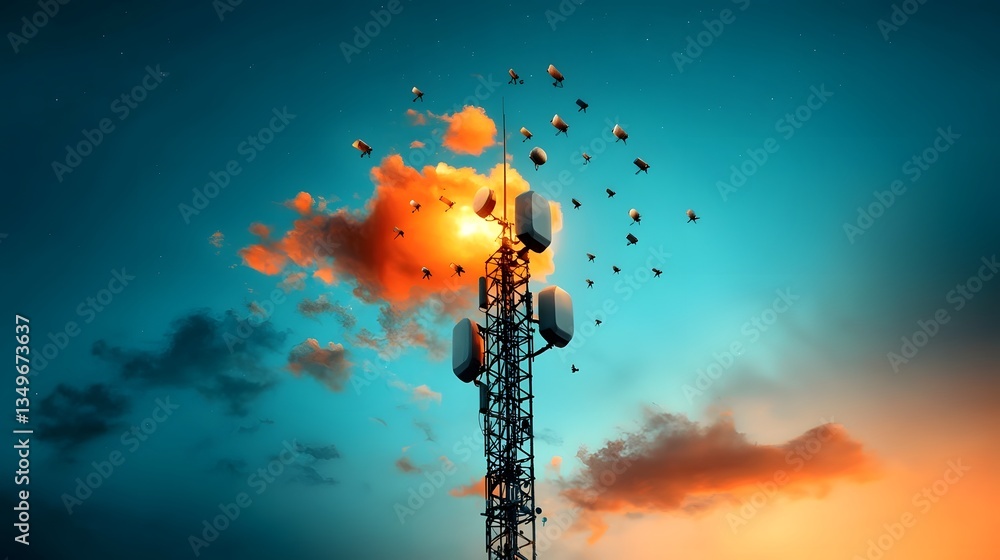 Poster intricate metallic antenna array structure reaching skyward broadcasting wireless data and communica