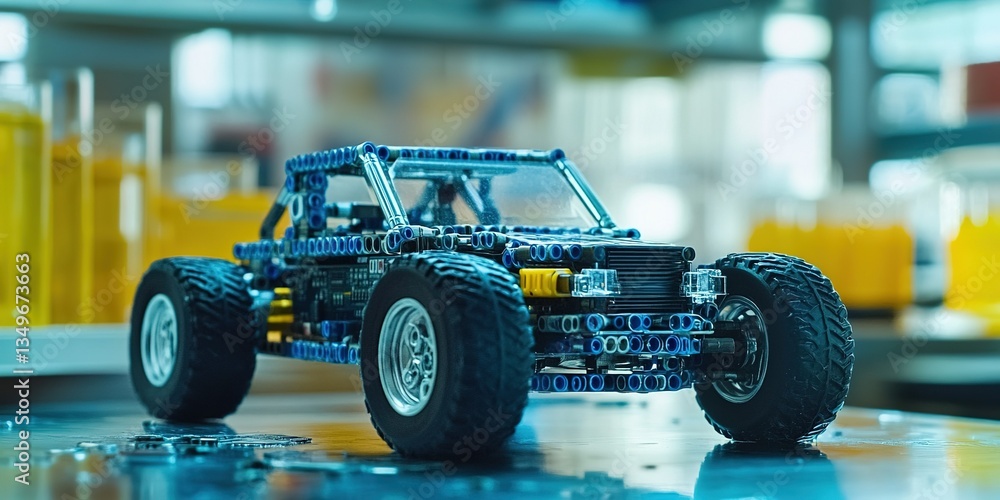 Poster Creative construction of a detailed model car using building blocks on a table in a workshop