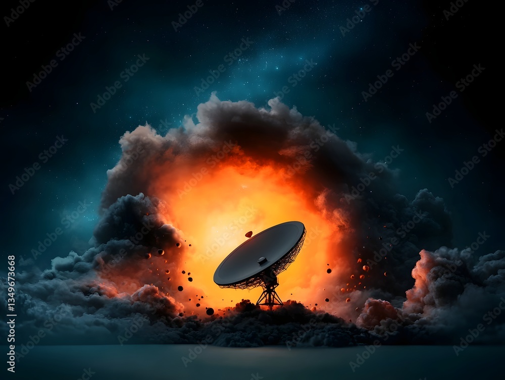 Poster intricate network of futuristic antenna arrays broadcasting invisible signals into an otherworldly c