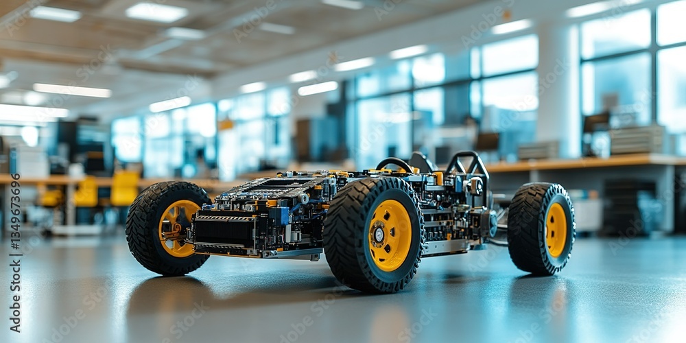 Poster innovative remote-controlled car model in a modern workspace showcasing advanced engineering and des