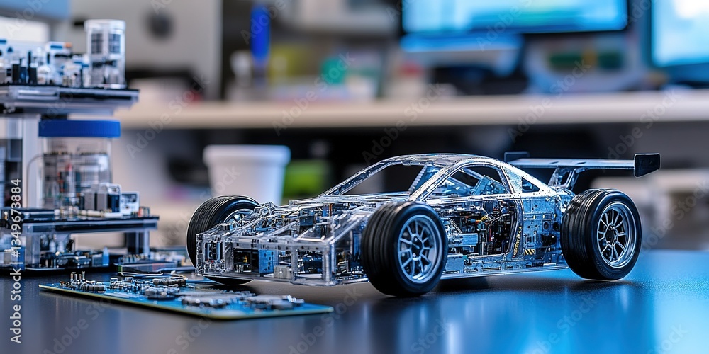 Poster clear model race car assembled on a workbench surrounded by electronics and computer components in a