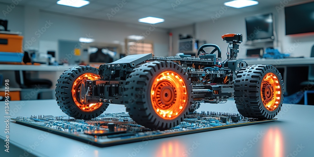 Aufkleber robotic vehicle showcasing intricate circuitry and illuminated wheels in a modern workshop environme