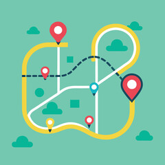 Colorful Travel Map with Location Pins and Route Illustration, An illustrated travel map with location pins, a yellow route, and dotted lines, symbolizing journey planning and navigation.
