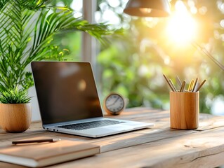 Peaceful inviting workspace with a laptop office supplies and potted plants on a wooden desk surrounded by natural greenery bathed in warm sunlight