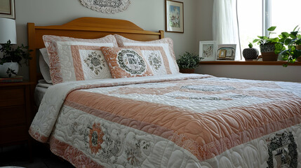 Peach and cream quilt on wooden bed in sunny bedroom.  Home decor, peaceful interior