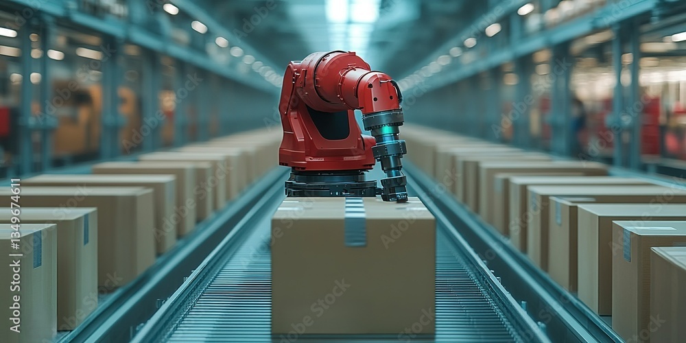 Poster automated robotic arm efficiently handling packages in a modern warehouse during daytime operations