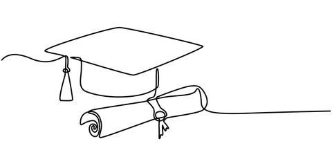 One continuous line drawing of graduation hat. Concept of student of university college and school. Doodle vector illustration, cap and diploma one line continous vector illustration, hand drawn line