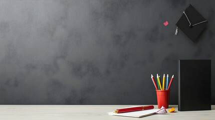 Arrangement Of Colorful Pencils In Red Cup With Black Rectangular Object And Paper On Wooden Desk Against Textured Gray Wall