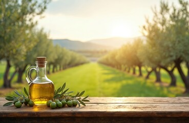 Olive oil bottle display on rustic wood table with olives and branches. Green olive trees field background with blurred bokeh effect. Natural organic food concept.