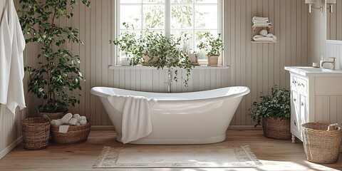 Elegant bathroom with a freestanding tub and plants, designed for relaxation and tranquility in a modern home