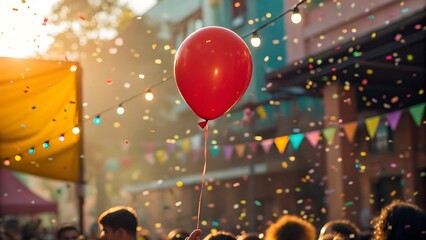 Red balloon at a vibrant outdoor celebration with string lights, colorful confetti, and happy crowd enjoying the festivities.