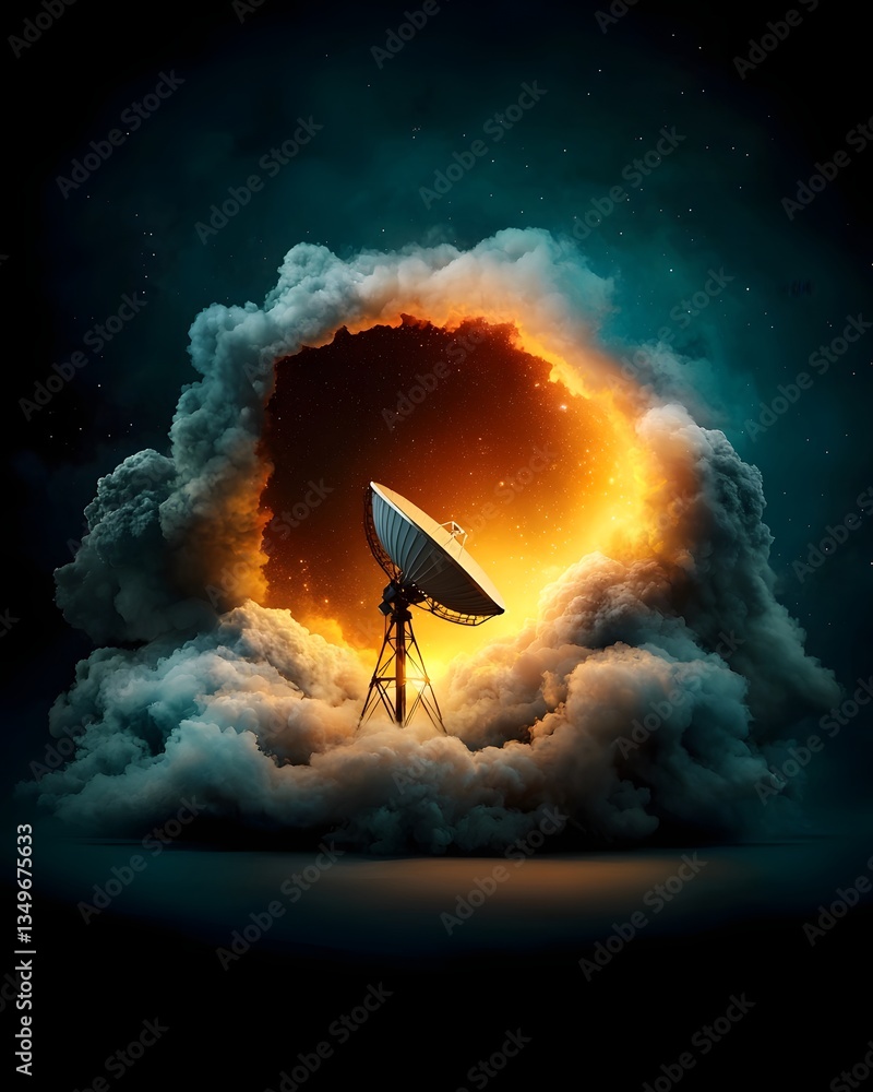 Poster retro futuristic satellite dish network broadcasting signals with intricate metallic components and 