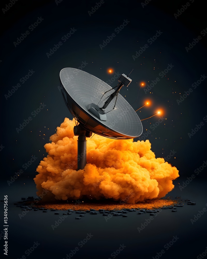 Poster retro futuristic satellite dish network emitting dynamic signals in captivating skyscape with intric
