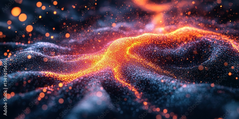 Poster vibrant particles creating abstract patterns with glowing orange highlights against a dark backgroun