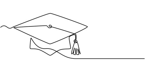 One continuous line drawing of graduation hat. Concept of student of university college and school. Doodle vector illustration, cap and diploma one line continous vector illustration, hand drawn line
