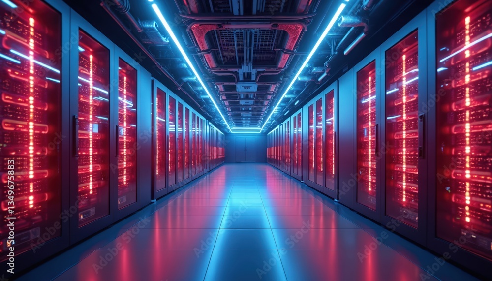 Aufkleber neon-lit server room corridor with glowing lights. futuristic data center with blue, red neon lighti