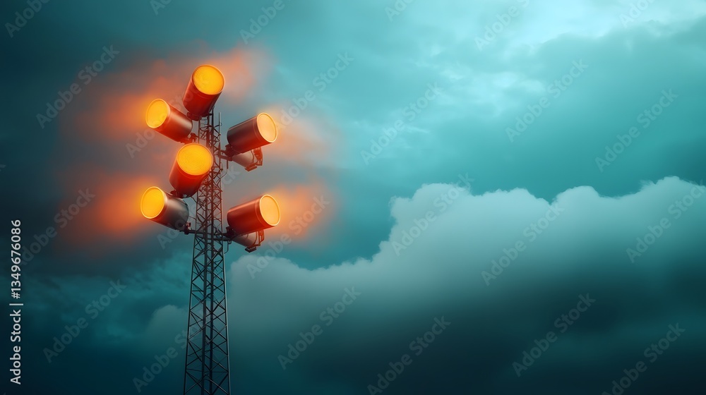 Poster retro styled metallic antenna tower system with glowing led lights beaming signals through a luminou