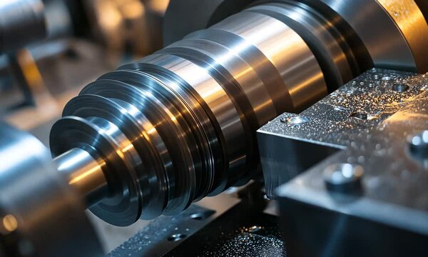 Close Up Shot of Rotating Precision Metal Lathe with Shiny Finish in Industrial Workshop