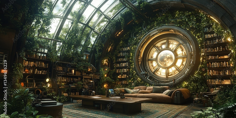 Poster cozy reading space surrounded by lush greenery and large circular window in a uniquely designed room