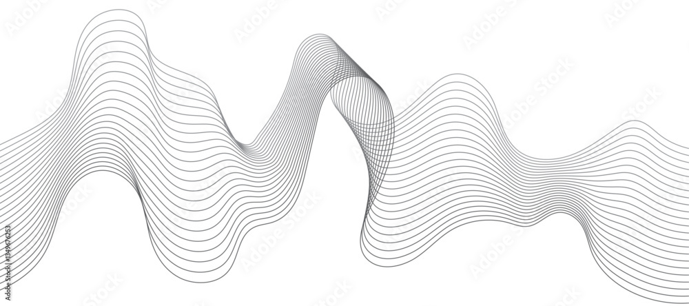 Poster undulate grey wave swirl, frequency sound wave, twisted curve lines with blend effect. technology, d