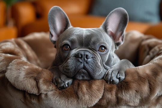A grey dog is laying in a bed with its head down