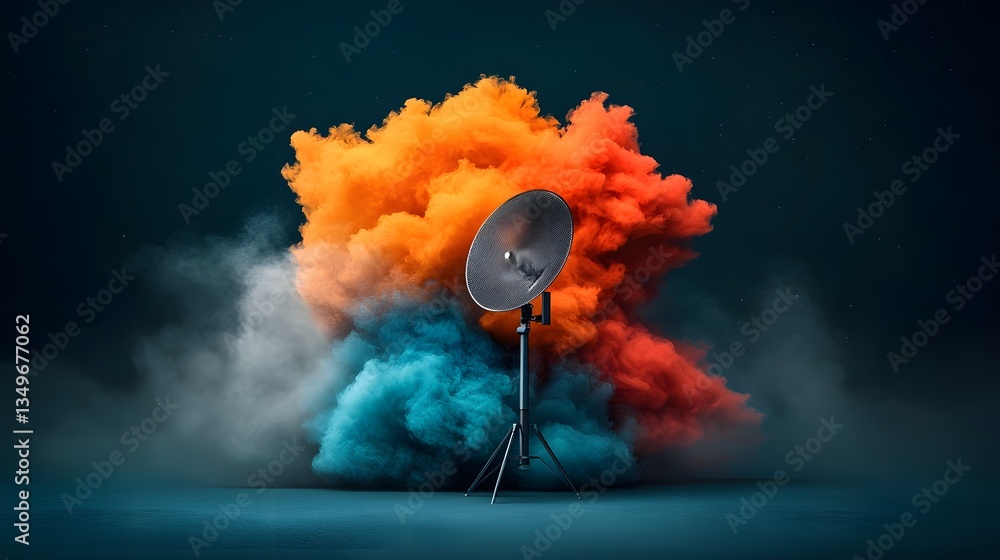 Poster sleek metallic antenna array transmitting signals through the air with a visually striking vibrant n