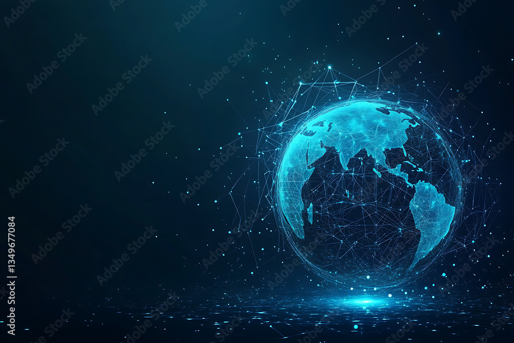 Poster digital globe with network connection lines on dark blue background, futuristic earth visualization
