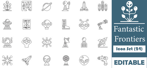 Explore a space, alien, and futuristic technology-themed icon set, featuring rockets, UFOs, robots, and more. Perfect for digital projects, websites, and mobile apps.